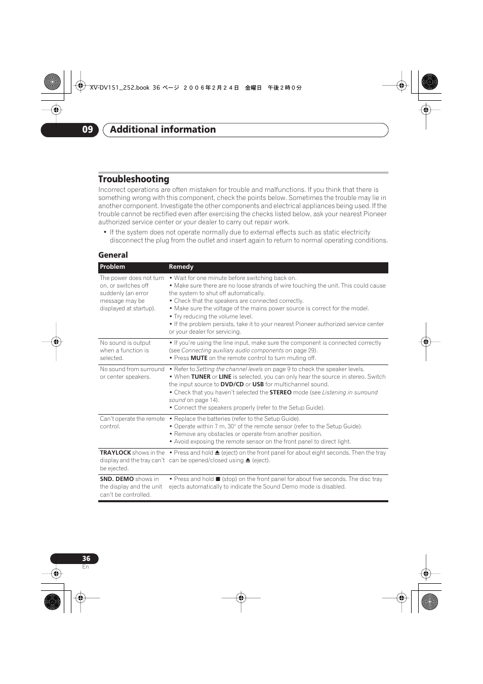 Troubleshooting, General, Additional information 09 | Pioneer XV-DV252 User Manual | Page 36 / 85