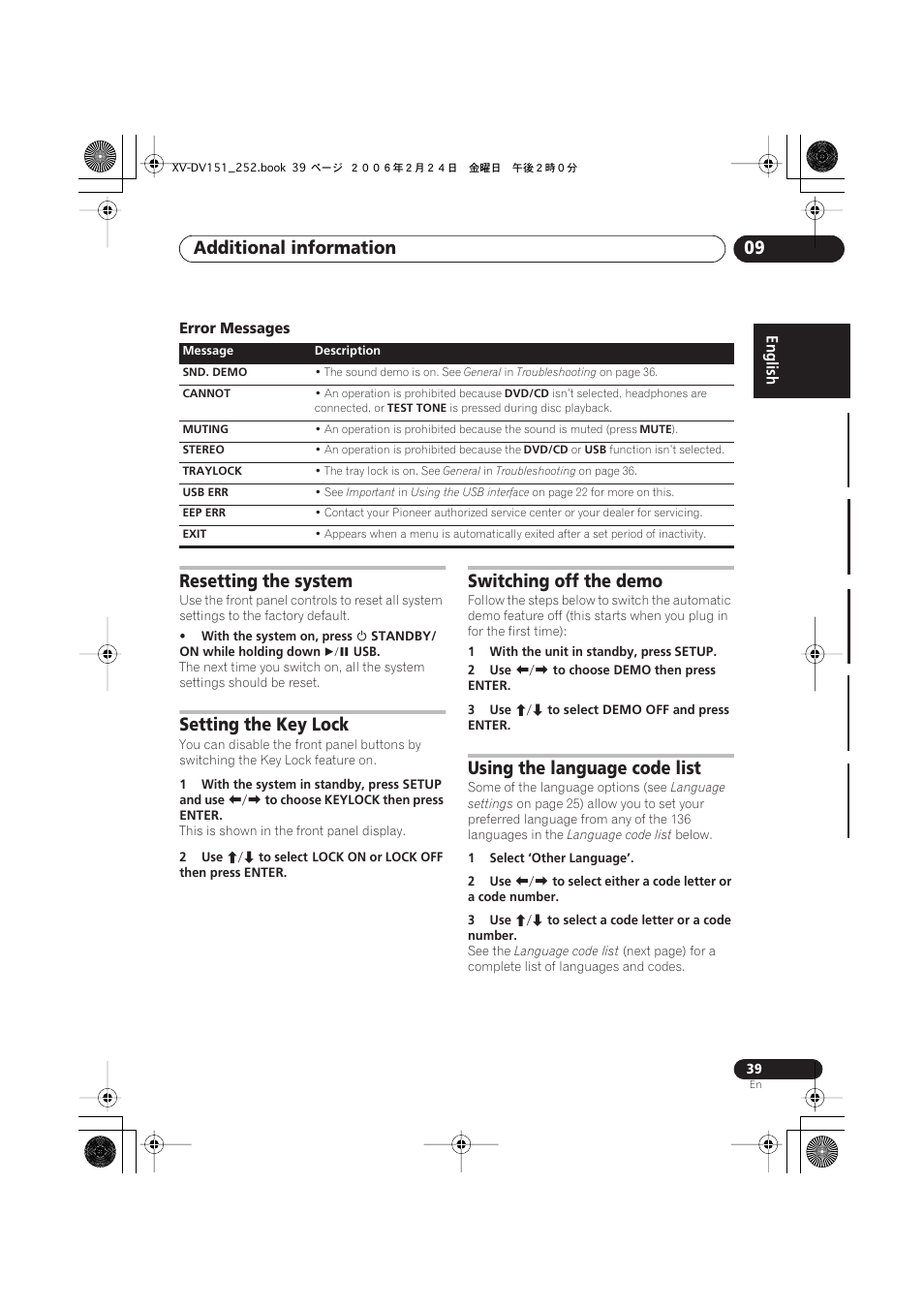 Error messages, Resetting the system, Setting the key lock | Switching off the demo, Using the language code list, Additional information 09 | Pioneer XV-DV252 User Manual | Page 39 / 85