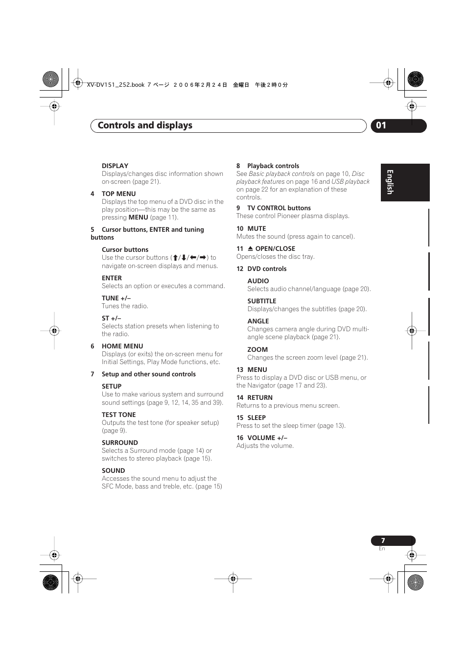Controls and displays 01 | Pioneer XV-DV252 User Manual | Page 7 / 85