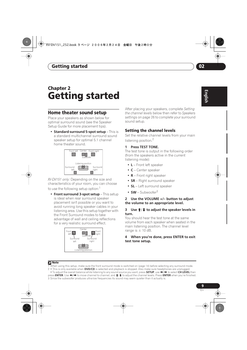 02 getting started, Home theater sound setup, Setting the channel levels | Getting started, Getting started 02, Chapter 2 | Pioneer XV-DV252 User Manual | Page 9 / 85