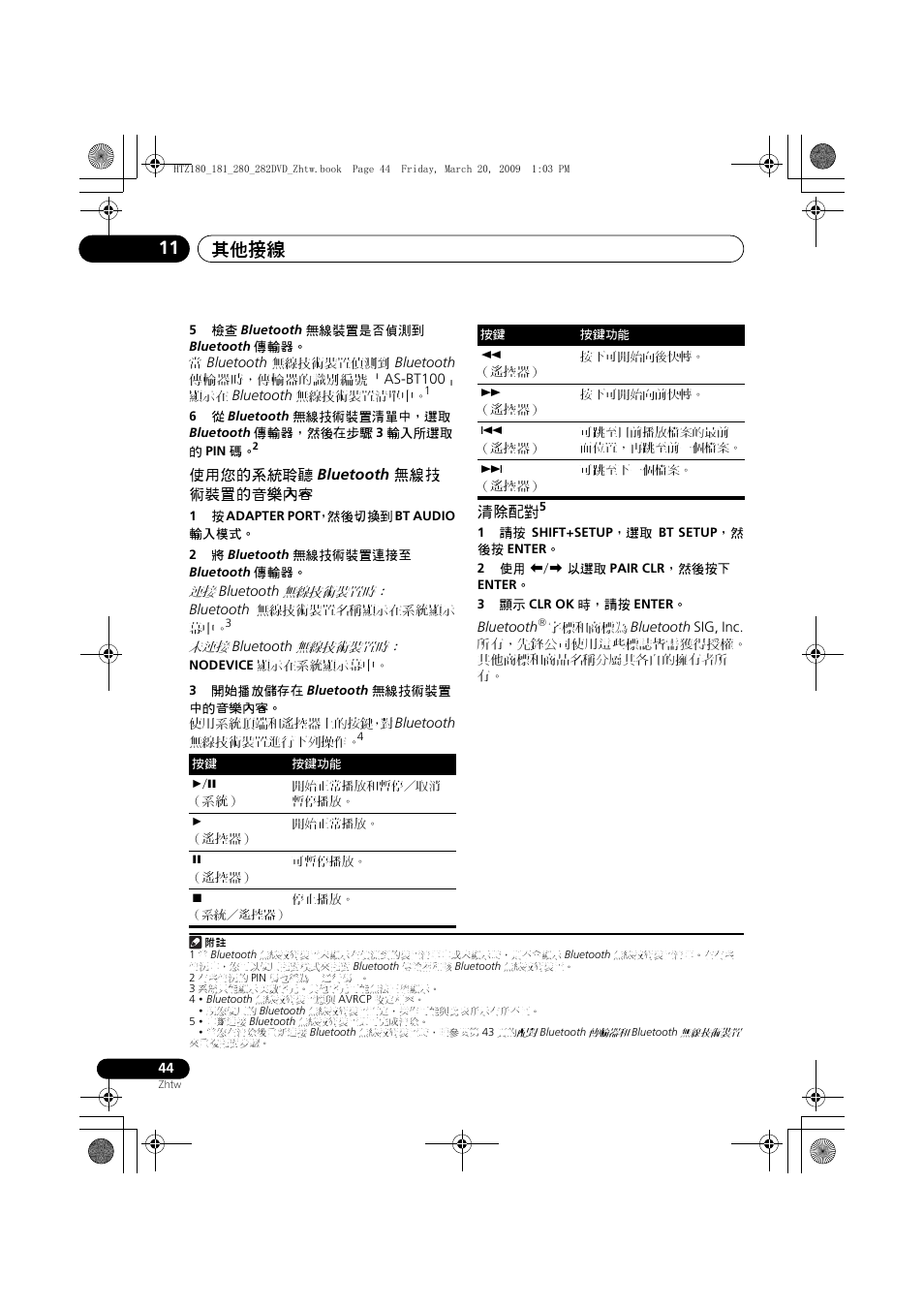 使用您的系統聆聽, Bluetooth, 無線技術裝置的 | 音樂內容 清除配對, 其他接線 11 | Pioneer HTZ180DVD User Manual | Page 104 / 122