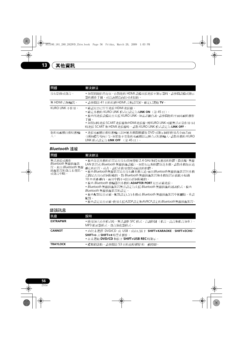 Bluetooth, 錯誤訊息, 其他資訊 13 | Bluetooth 連線 錯誤訊息 | Pioneer HTZ180DVD User Manual | Page 116 / 122