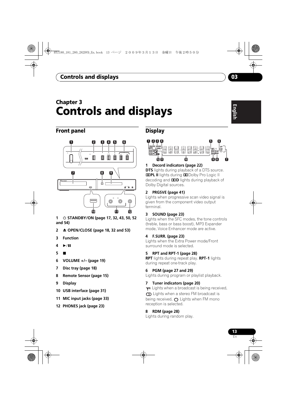 Front panel, Display, Controls and displays | Controls and displays 03, Chapter 3 | Pioneer HTZ180DVD User Manual | Page 13 / 122