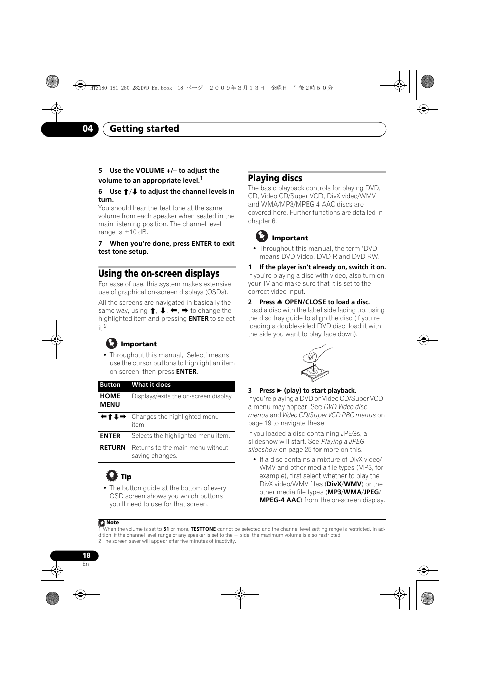Using the on-screen displays, Playing discs, Getting started 04 | Pioneer HTZ180DVD User Manual | Page 18 / 122