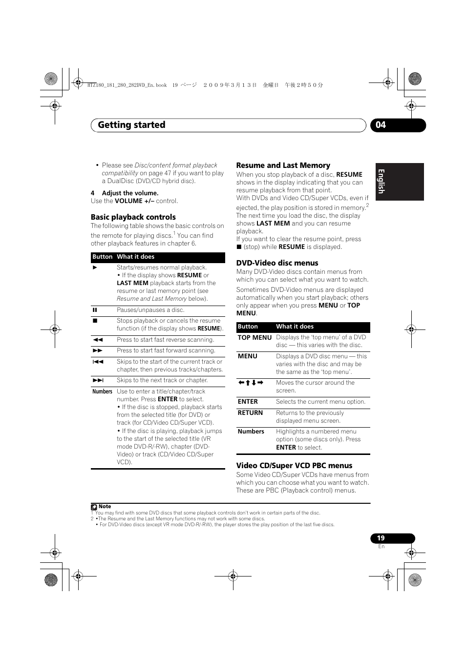 Basic playback controls, Resume and last memory, Dvd-video disc menus | Video cd/super vcd pbc menus, Getting started 04 | Pioneer HTZ180DVD User Manual | Page 19 / 122