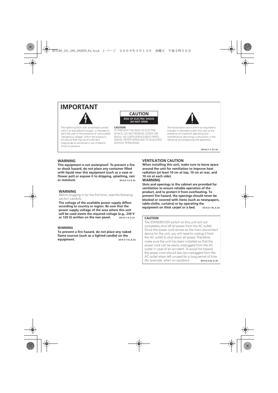 Important, Caution | Pioneer HTZ180DVD User Manual | Page 2 / 122