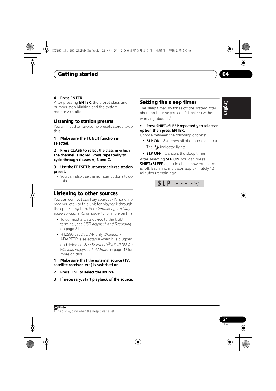 Listening to station presets, Listening to other sources, Setting the sleep timer | S l p, Getting started 04 | Pioneer HTZ180DVD User Manual | Page 21 / 122
