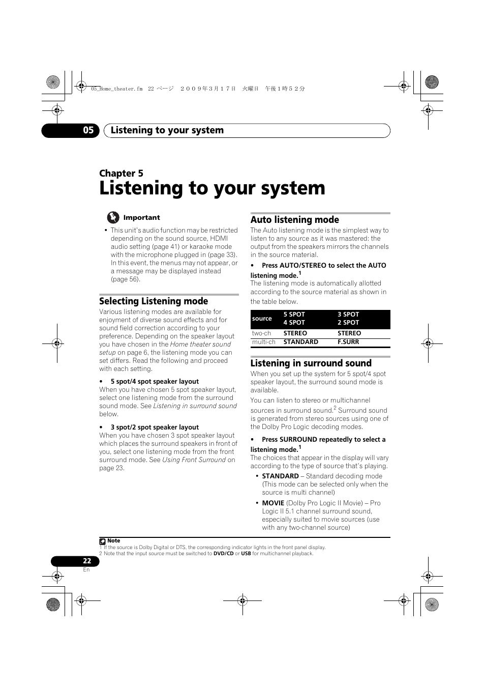 Selecting listening mode, Auto listening mode, Listening in surround sound | Listening to your system, Listening to your system 05, Chapter 5 | Pioneer HTZ180DVD User Manual | Page 22 / 122