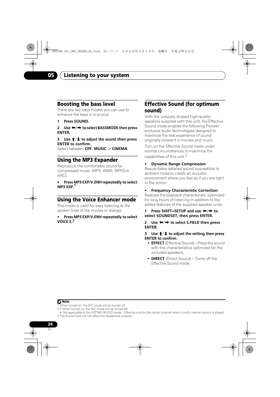 Boosting the bass level, Using the mp3 expander, Using the voice enhancer mode | Effective sound (for optimum sound), Listening to your system 05 | Pioneer HTZ180DVD User Manual | Page 24 / 122