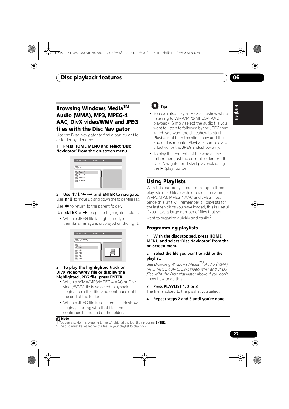 Browsing windows media, Audio (wma), Using playlists | Programming playlists, Disc playback features 06 | Pioneer HTZ180DVD User Manual | Page 27 / 122