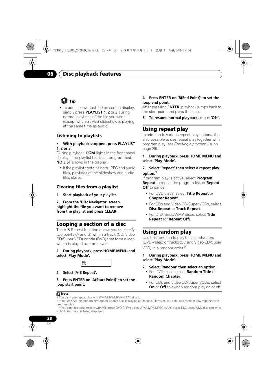 Listening to playlists, Clearing files from a playlist, Looping a section of a disc | Using repeat play, Using random play, Disc playback features 06 | Pioneer HTZ180DVD User Manual | Page 28 / 122