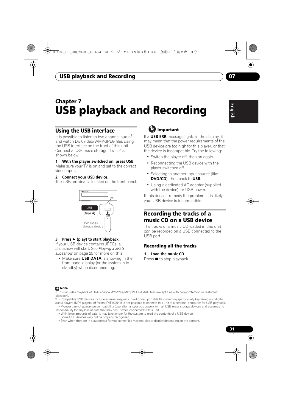 Using the usb interface, Recording the tracks of a music cd on a usb device, Recording all the tracks | Usb playback and recording, Usb playback and recording 07, Chapter 7 | Pioneer HTZ180DVD User Manual | Page 31 / 122