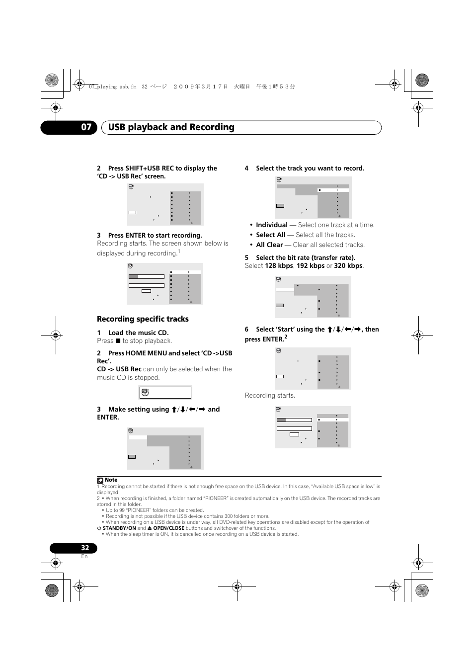 Recording specific tracks, Usb playback and recording 07, Recording starts | 07_playing usb.fm 32 ページ ２００９年３月１７日 火曜日 午後１時５３分 | Pioneer HTZ180DVD User Manual | Page 32 / 122