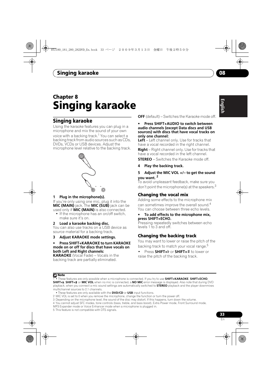 Singing karaoke, Changing the vocal mix, Changing the backing track | Singing karaoke 08, Chapter 8 | Pioneer HTZ180DVD User Manual | Page 33 / 122