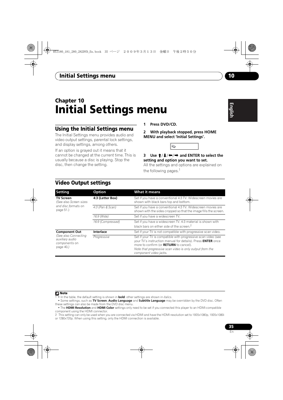 Using the initial settings menu, Video output settings, Initial settings menu | Initial settings menu 10, Chapter 10 | Pioneer HTZ180DVD User Manual | Page 35 / 122