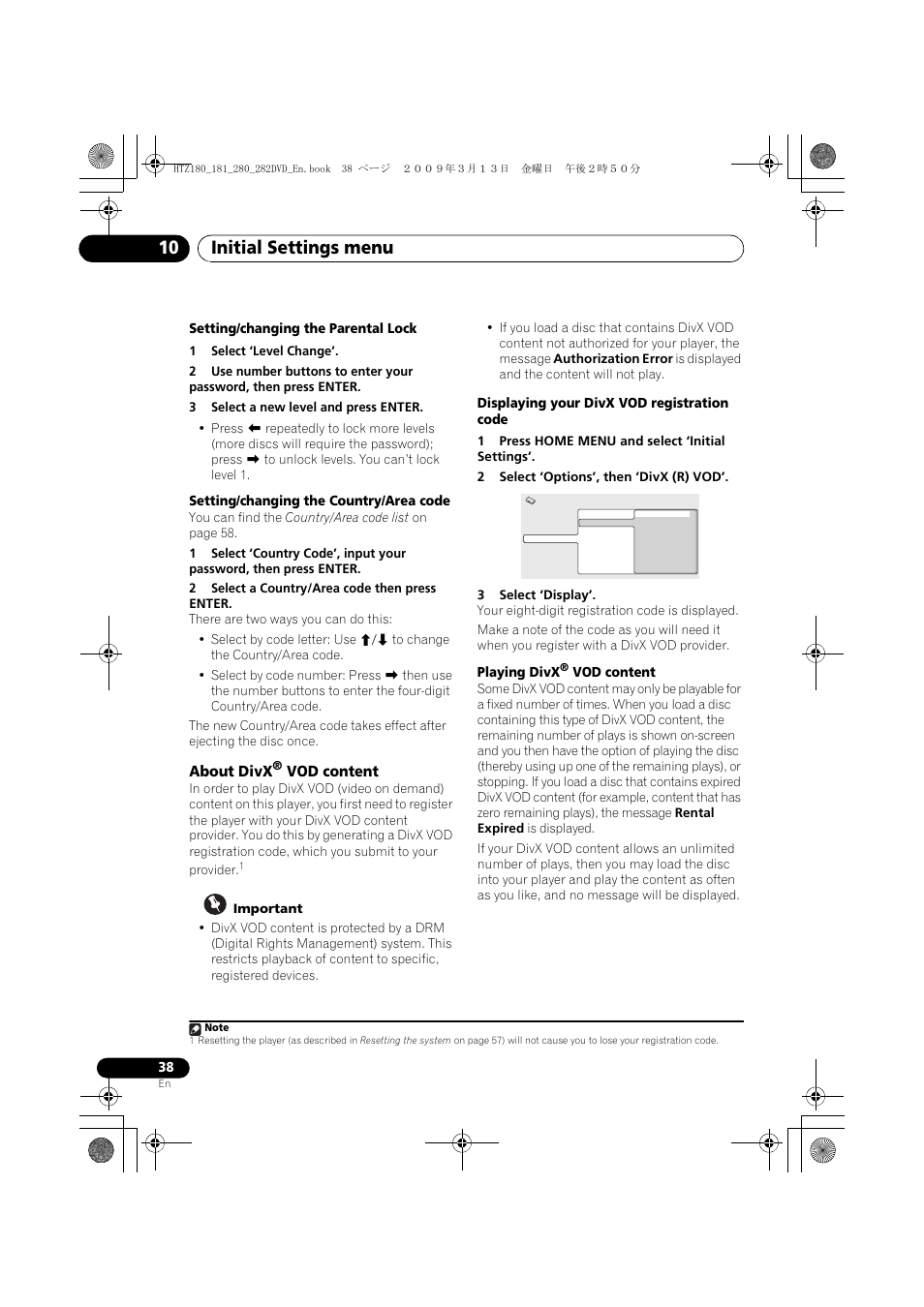 About divx, Vod content, Vod content below | Initial settings menu 10 | Pioneer HTZ180DVD User Manual | Page 38 / 122