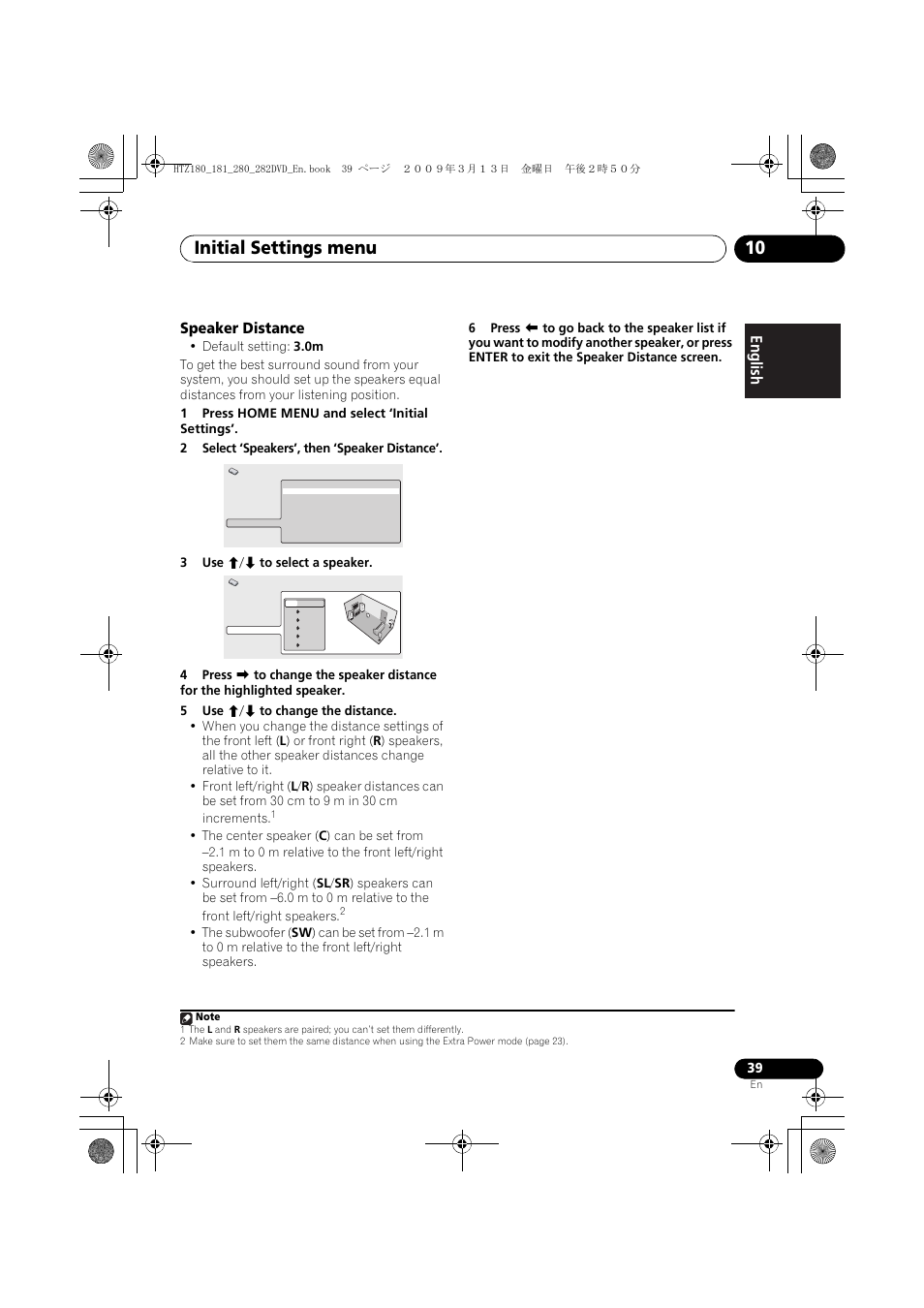 Speaker distance, Initial settings menu 10 | Pioneer HTZ180DVD User Manual | Page 39 / 122