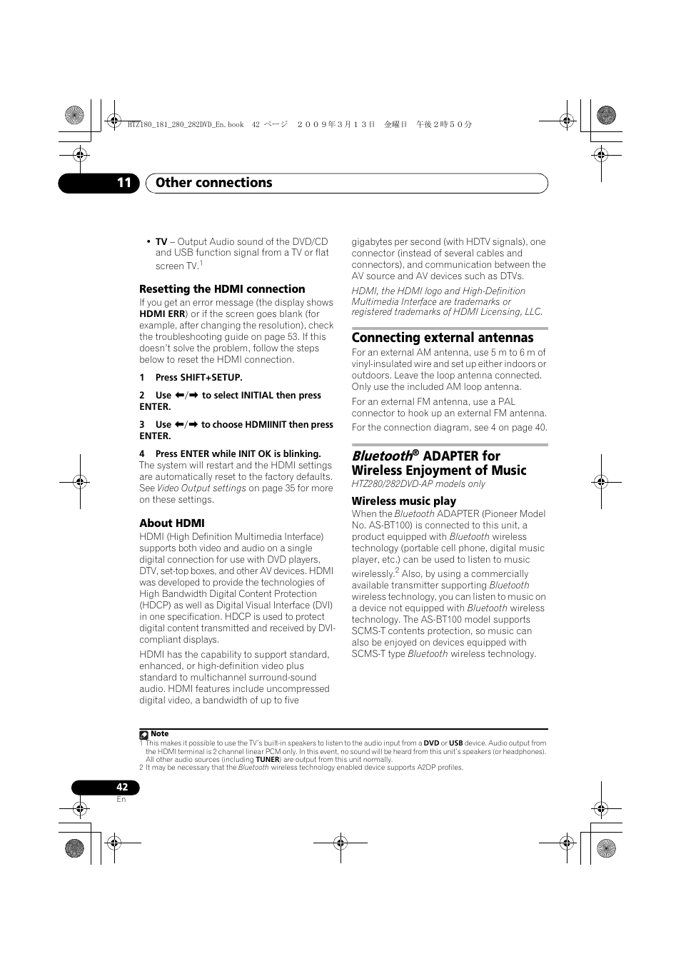 Resetting the hdmi connection, About hdmi, Connecting external antennas | Bluetooth, Adapter for wireless enjoyment, Of music, Wireless music play, Adapter for, Other connections 11, Adapter for wireless enjoyment of music | Pioneer HTZ180DVD User Manual | Page 42 / 122
