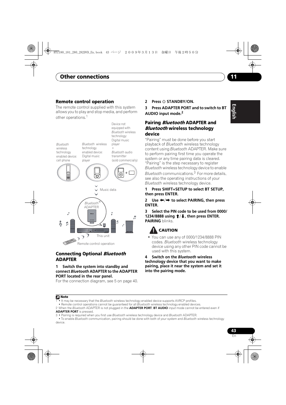 Remote control operation, Connecting optional bluetooth adapter, Other connections 11 | Pioneer HTZ180DVD User Manual | Page 43 / 122