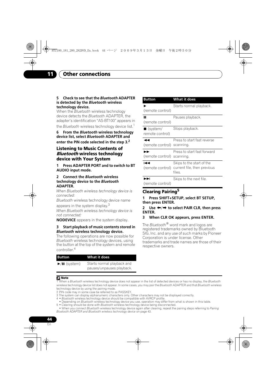 Clearing pairing, Other connections 11, Bluetooth | Pioneer HTZ180DVD User Manual | Page 44 / 122
