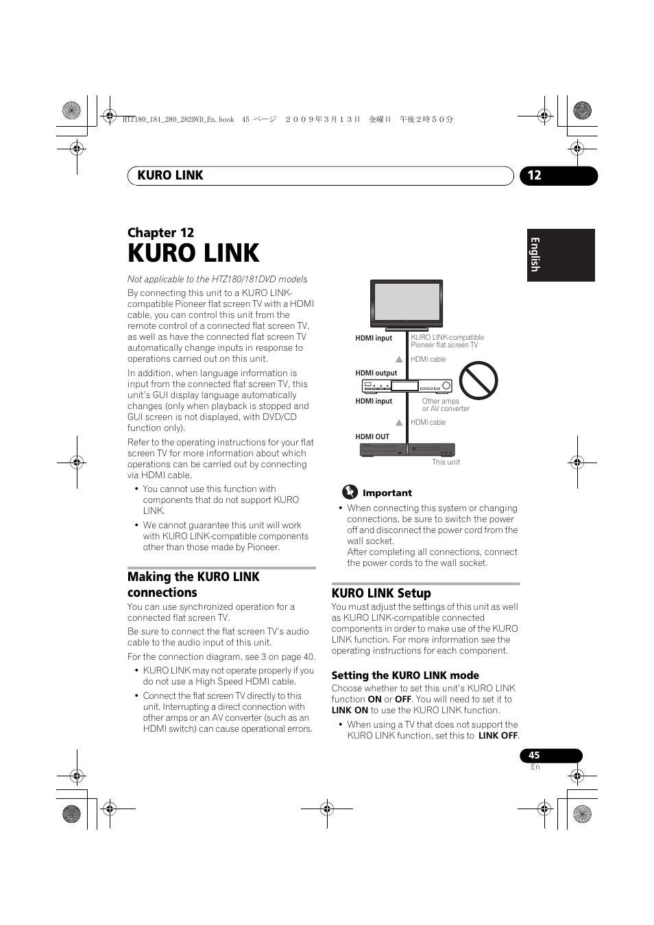 Making the kuro link connections, Kuro link setup, Setting the kuro link mode | Kuro link, Kuro link 12, Chapter 12 | Pioneer HTZ180DVD User Manual | Page 45 / 122