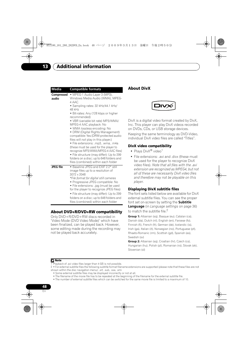 About dvd+r/dvd+rw compatibility, About divx, Displaying divx subtitle files on | Additional information 13 | Pioneer HTZ180DVD User Manual | Page 48 / 122
