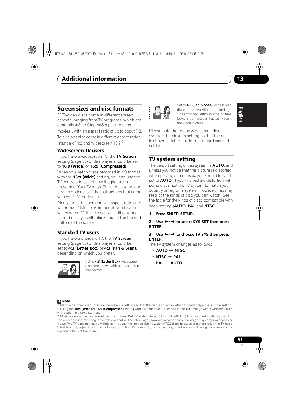 Screen sizes and disc formats, Widescreen tv users, Standard tv users | Tv system setting, Additional information 13 | Pioneer HTZ180DVD User Manual | Page 51 / 122