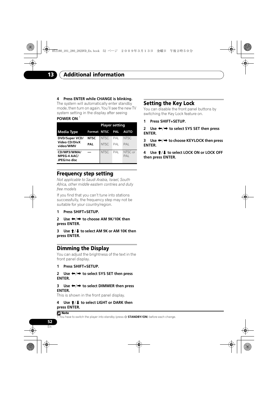 Frequency step setting, Dimming the display, Setting the key lock | Additional information 13 | Pioneer HTZ180DVD User Manual | Page 52 / 122