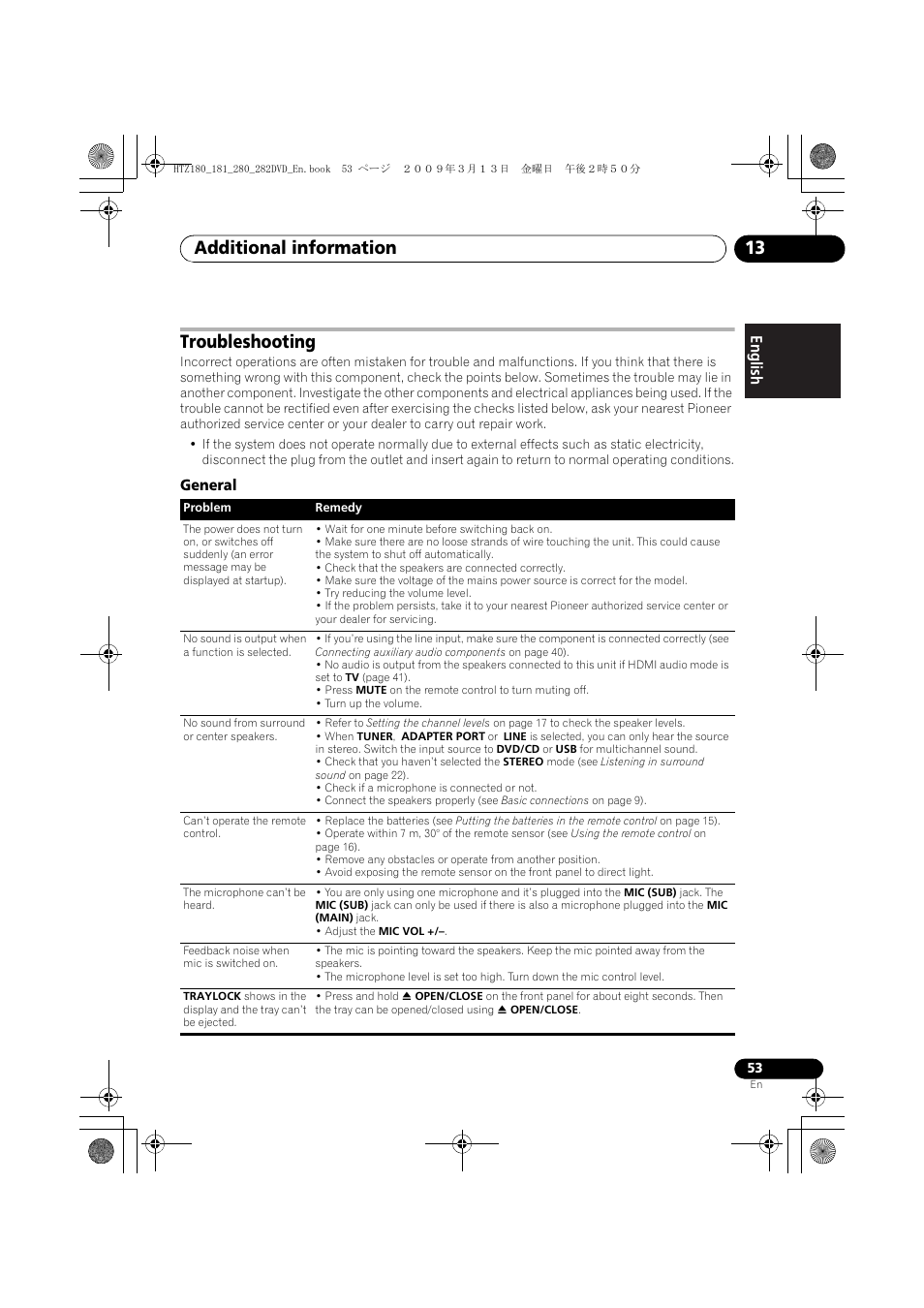Troubleshooting, General, Additional information 13 | Pioneer HTZ180DVD User Manual | Page 53 / 122