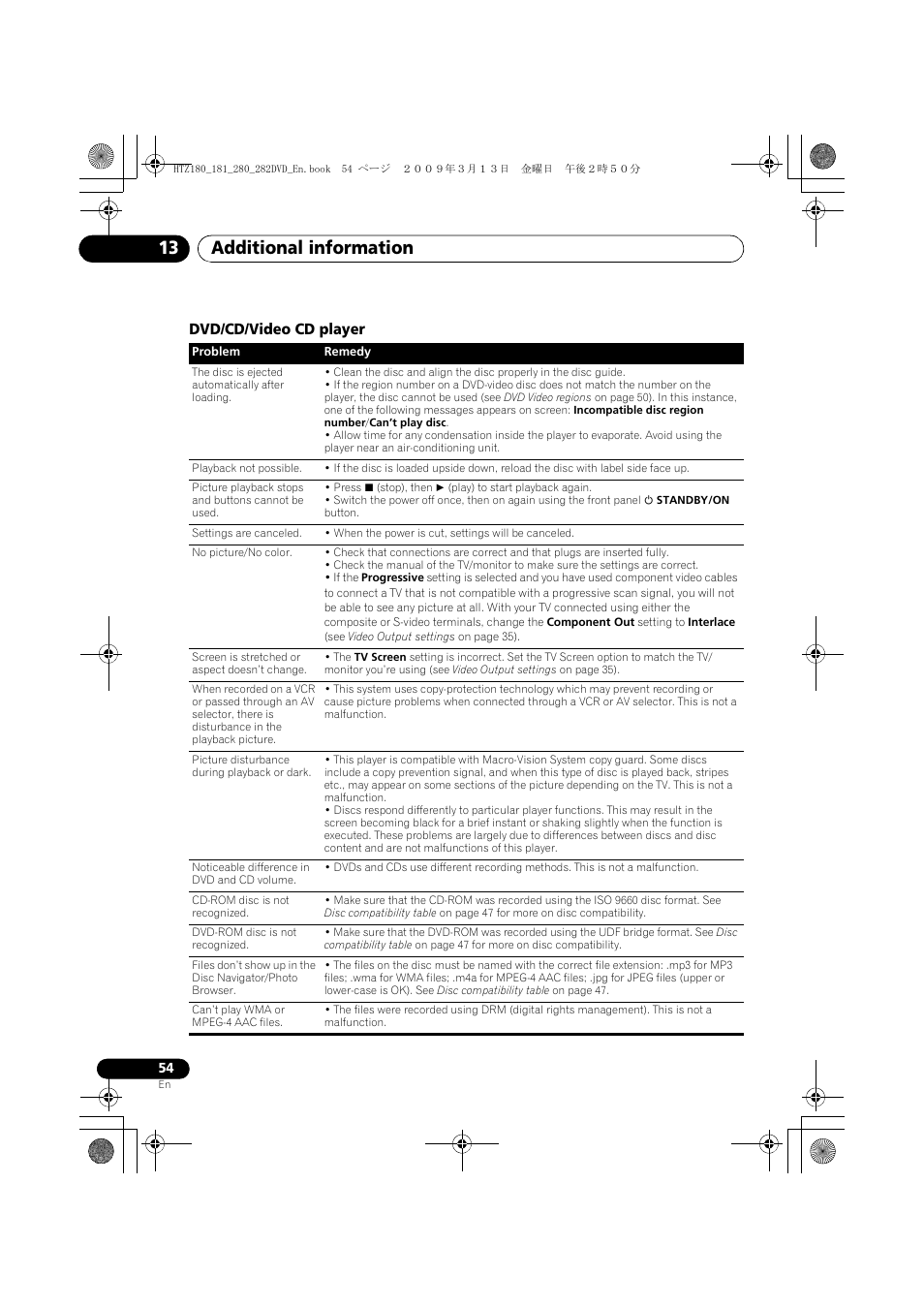 Dvd/cd/video cd player, And 54), Additional information 13 | Pioneer HTZ180DVD User Manual | Page 54 / 122