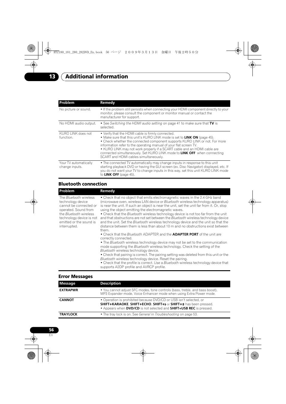 Bluetooth connection, Error messages, Additional information 13 | Pioneer HTZ180DVD User Manual | Page 56 / 122