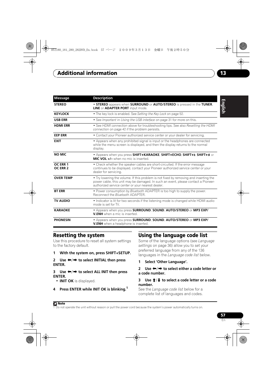 Resetting the system, Using the language code list, Additional information 13 | Pioneer HTZ180DVD User Manual | Page 57 / 122