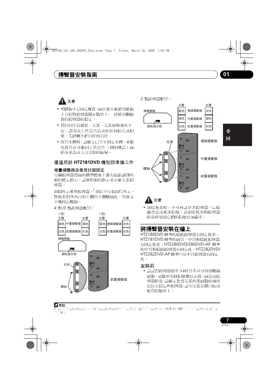 僅適用於, Htz181dvd, 機型的準備工作 | 將揚聲器安裝在牆上, 揚聲器安裝指南 01, English español english español | Pioneer HTZ180DVD User Manual | Page 67 / 122