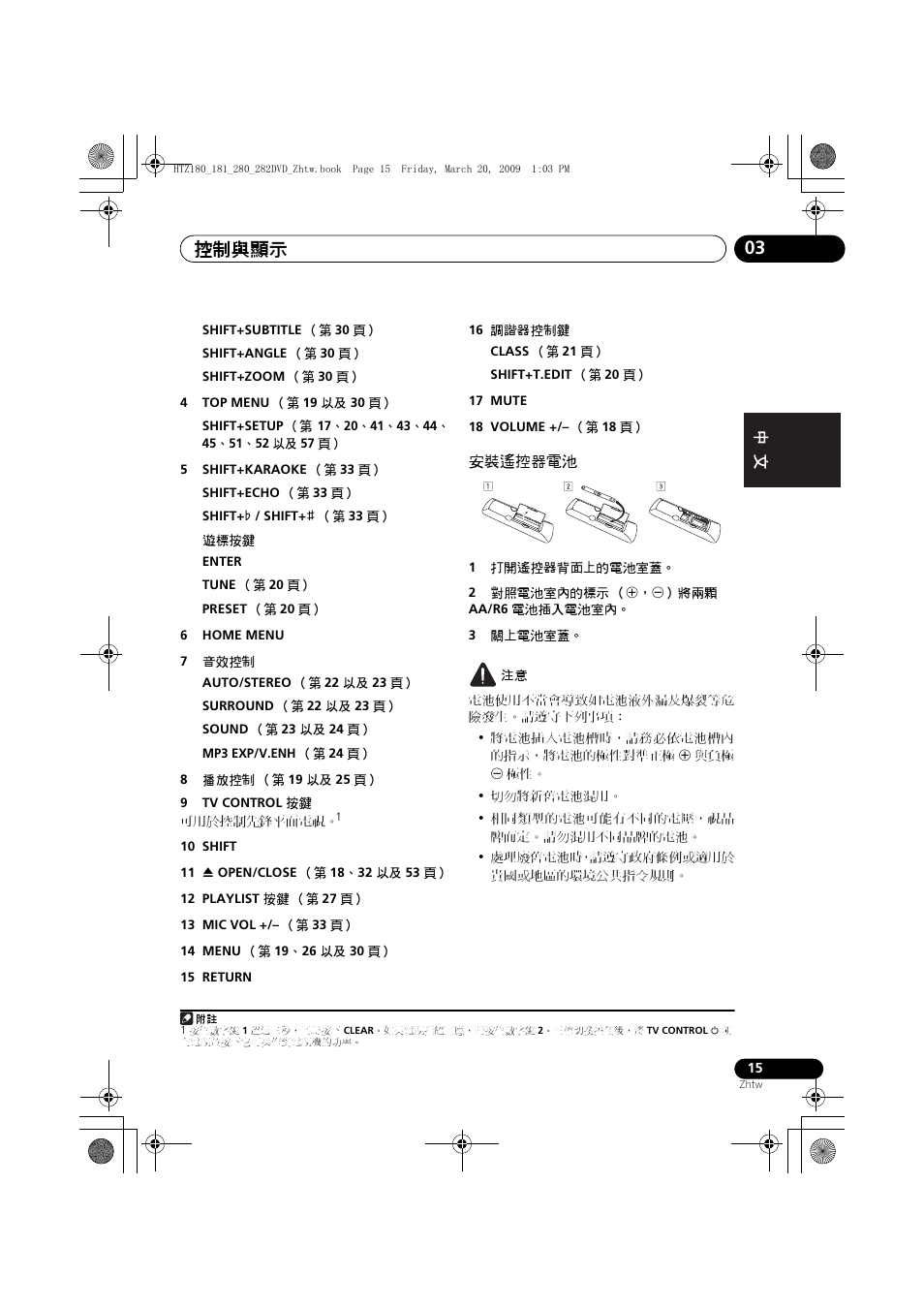 安裝遙控器電池, 控制與顯示 03 | Pioneer HTZ180DVD User Manual | Page 75 / 122