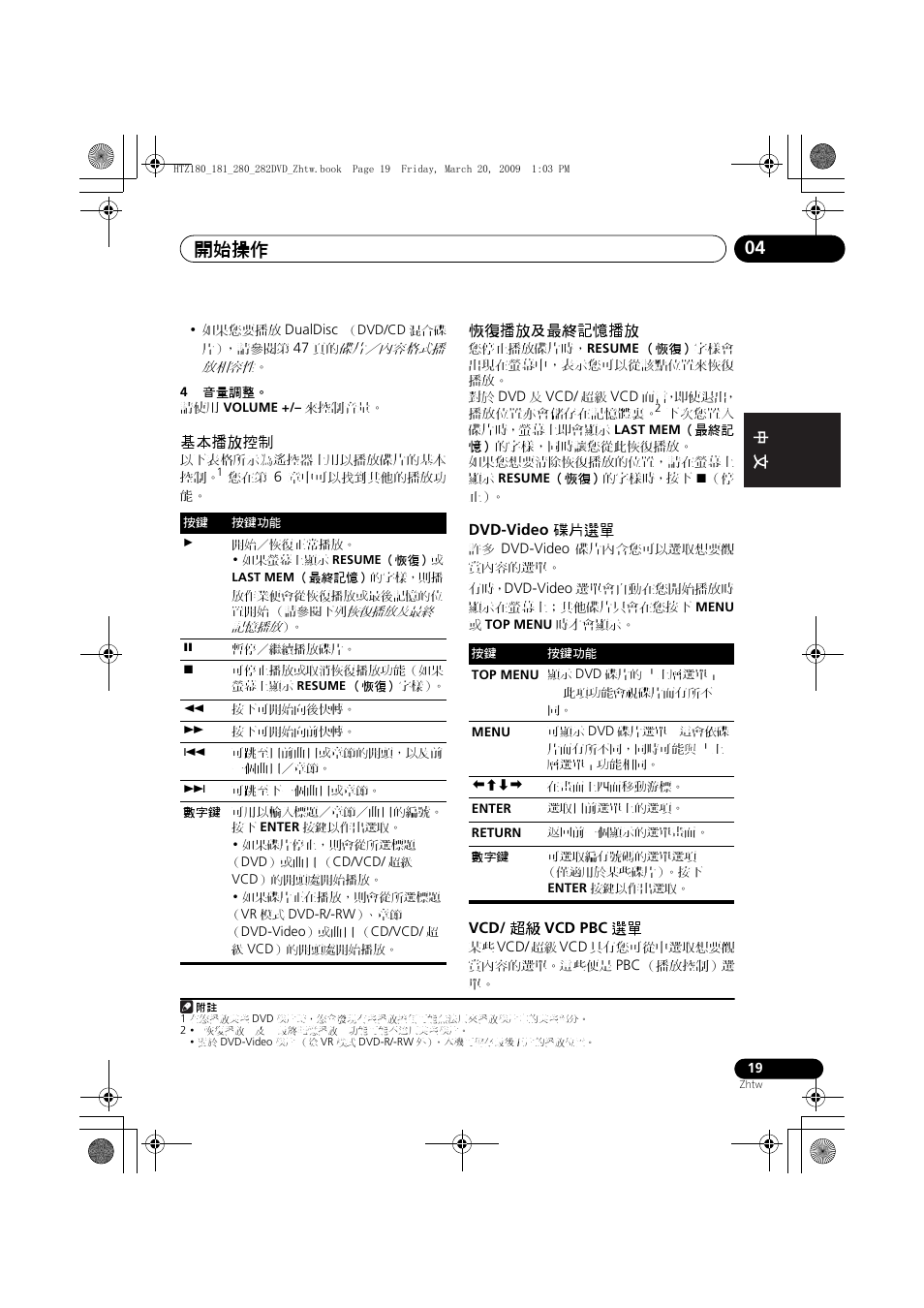 基本播放控制 恢復播放及最終記憶播放, Dvd-video, 碟片選單 | Vcd pbc, 開始操作 04 | Pioneer HTZ180DVD User Manual | Page 79 / 122