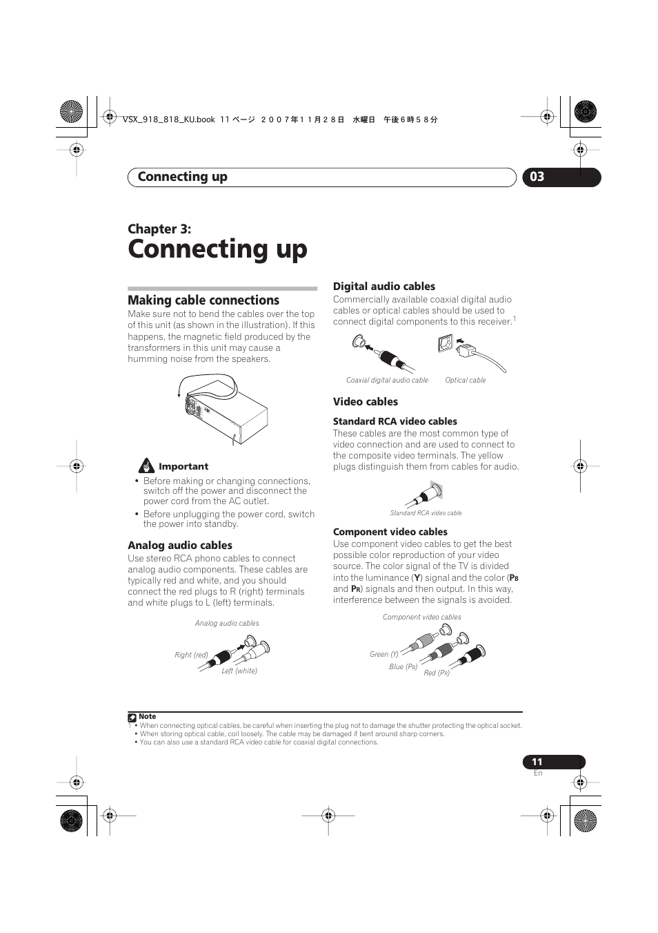 Making cable connections, Analog audio cables, Digital audio cables | Video cables, Connecting up, Connecting up 03, Chapter 3 | Pioneer XRB3089-A User Manual | Page 11 / 76