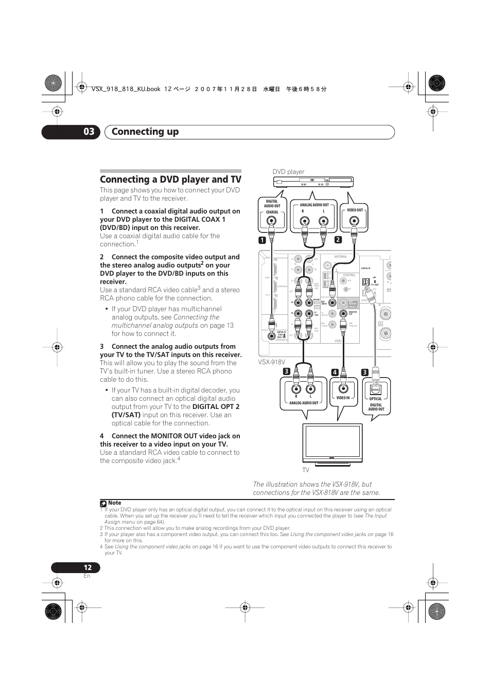 Connecting a dvd player and tv, Connecting up 03, Use a standard rca video cable | Connecting the multichannel analog outputs, On page 13 for how to connect it, Digital opt 2 (tv/sat) | Pioneer XRB3089-A User Manual | Page 12 / 76