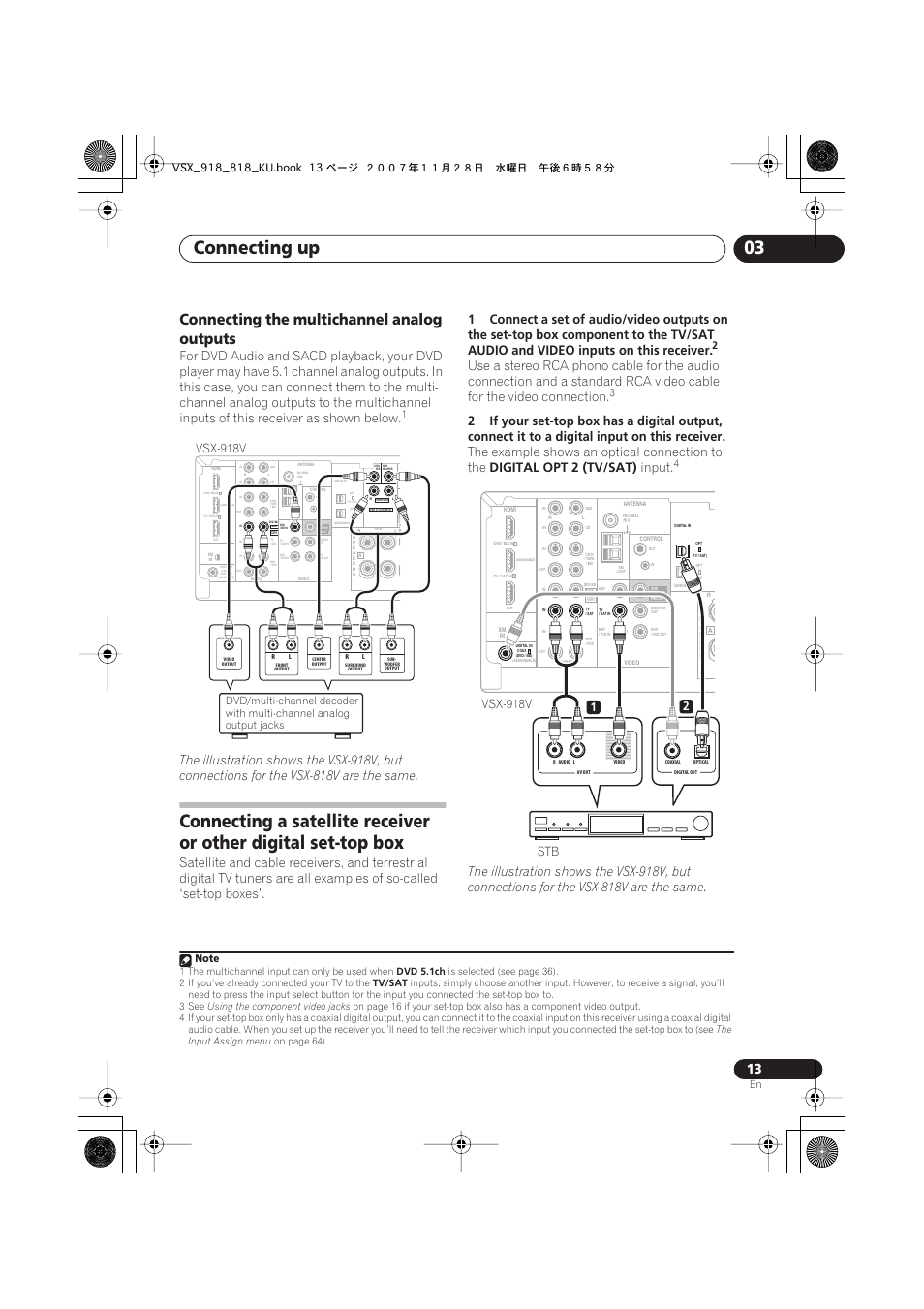 Connecting the multichannel analog outputs, Connecting up 03, The example shows an optical connection to the | Digital opt 2 (tv/sat), Input, Vsx-918v | Pioneer XRB3089-A User Manual | Page 13 / 76