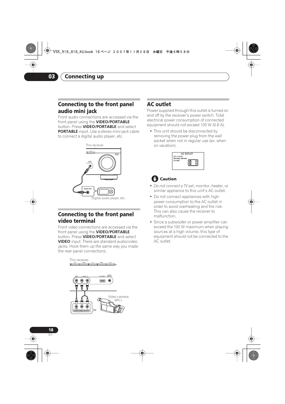 Connecting to the front panel audio mini jack, Connecting to the front panel video terminal, Ac outlet | Connecting up 03 | Pioneer XRB3089-A User Manual | Page 18 / 76