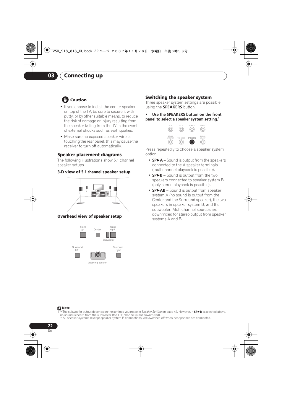 Speaker placement diagrams, Switching the speaker system, Connecting up 03 | Pioneer XRB3089-A User Manual | Page 22 / 76