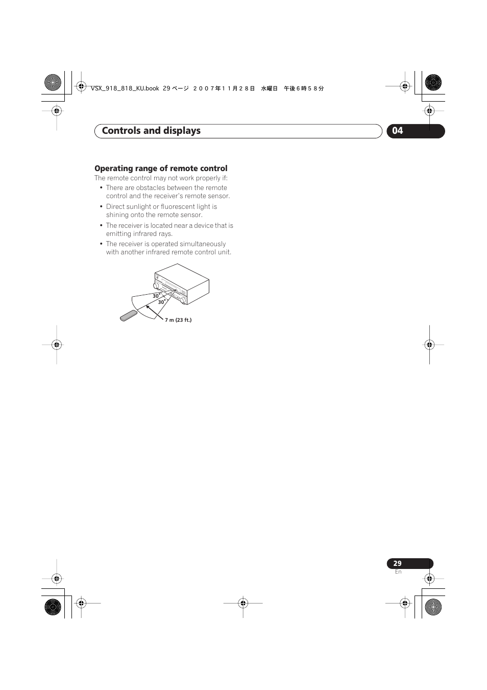 Operating range of remote control, Controls and displays 04 | Pioneer XRB3089-A User Manual | Page 29 / 76