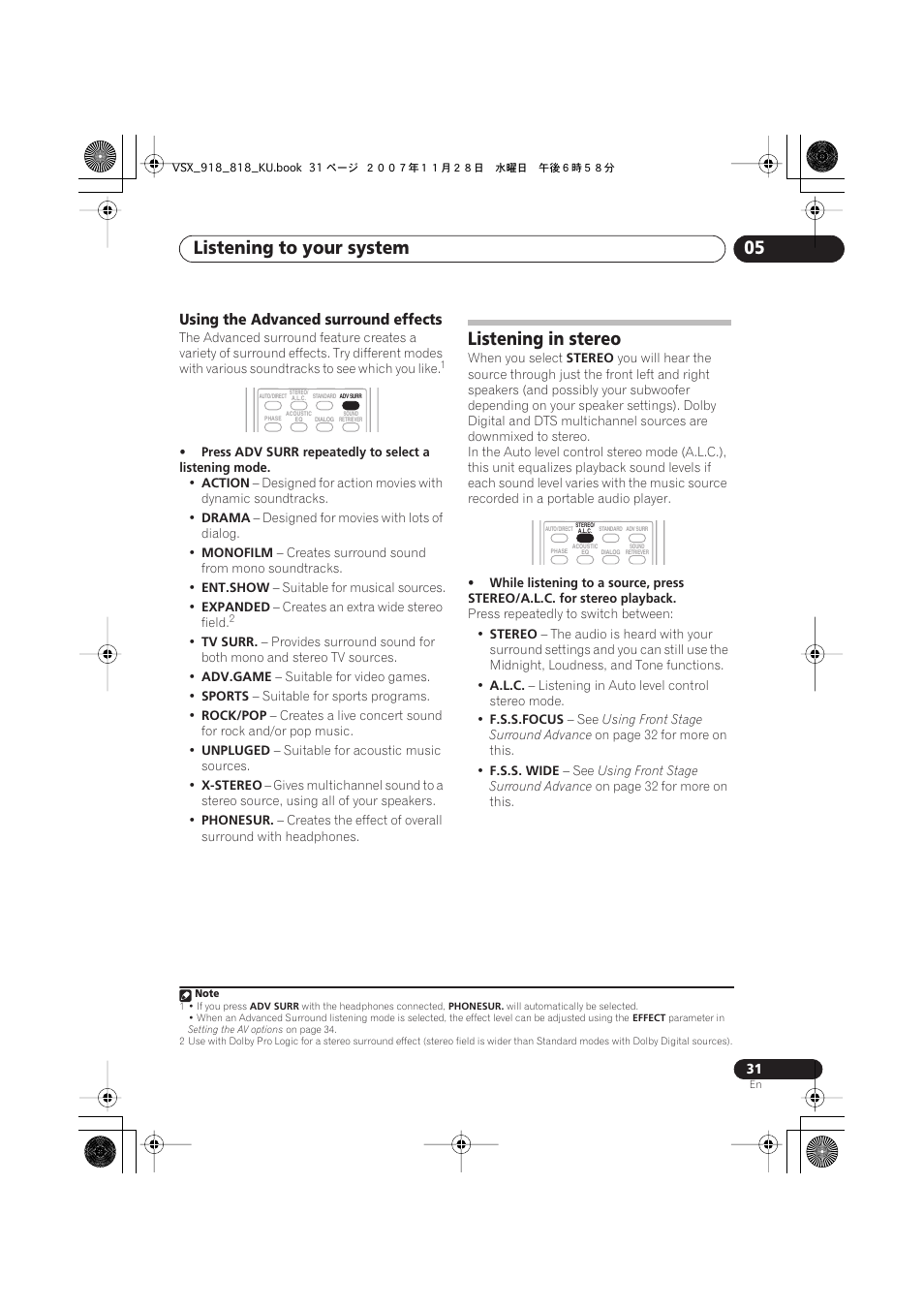 Using the advanced surround effects, Listening in stereo, Listening to your system 05 | Pioneer XRB3089-A User Manual | Page 31 / 76