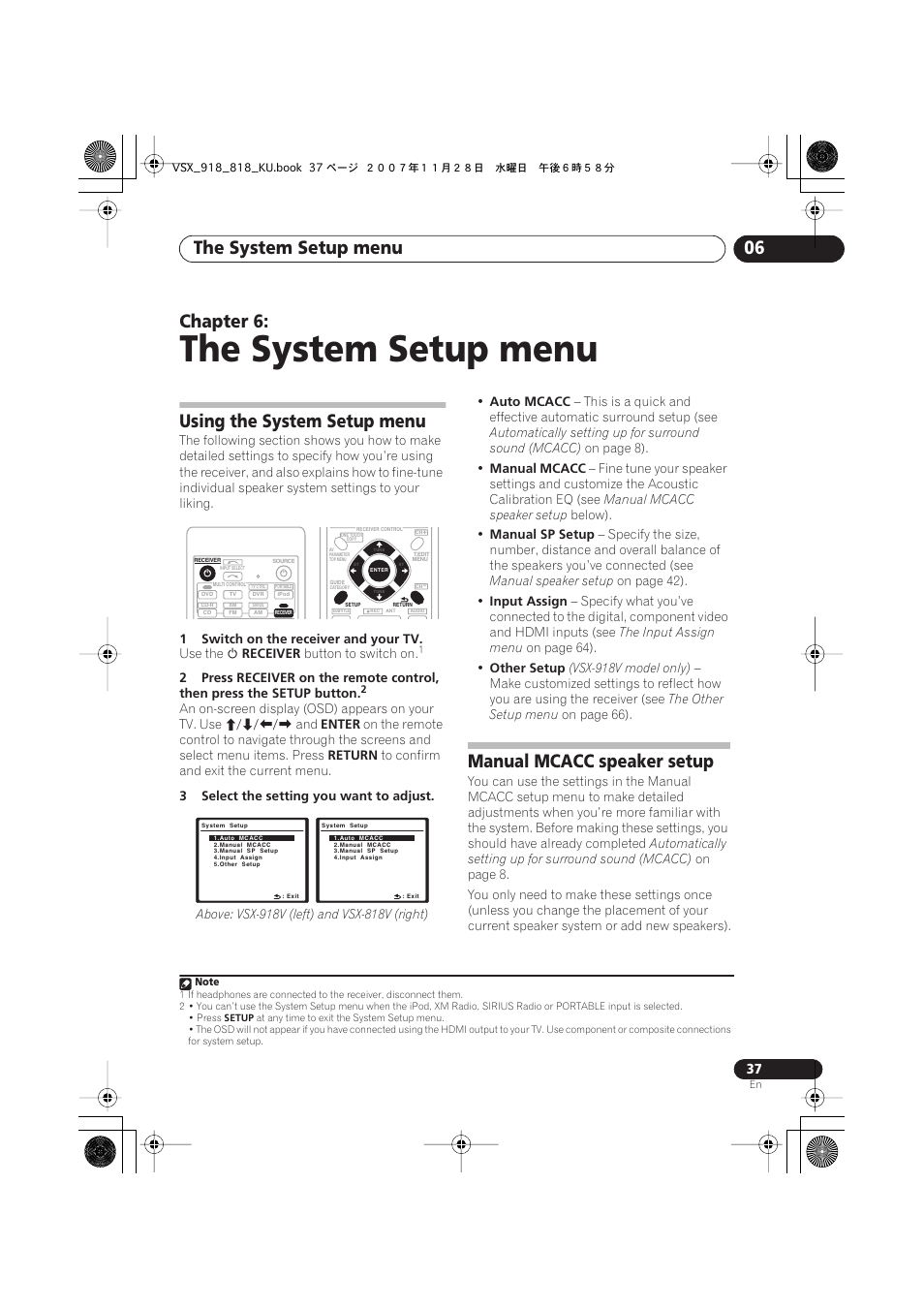 Using the system setup menu, Manual mcacc speaker setup, The system setup menu | The system setup menu 06, Chapter 6 | Pioneer XRB3089-A User Manual | Page 37 / 76