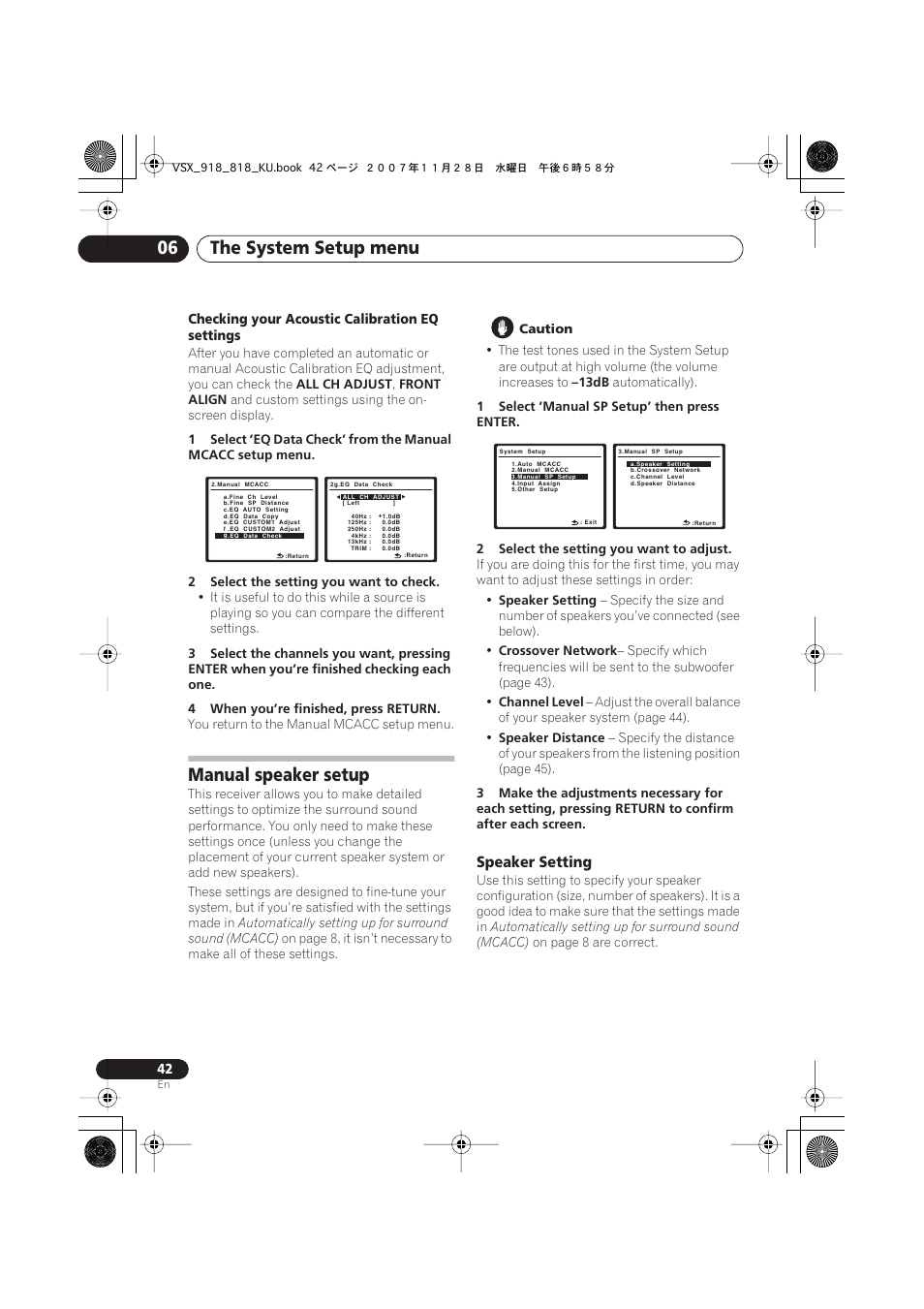 Manual speaker setup, Speaker setting, The system setup menu 06 | Pioneer XRB3089-A User Manual | Page 42 / 76