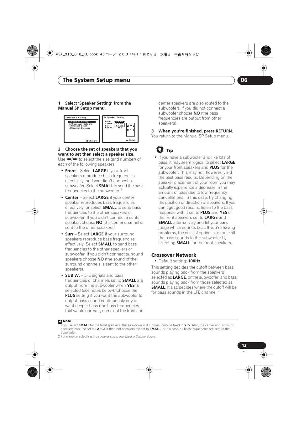Crossover network, The system setup menu 06 | Pioneer XRB3089-A User Manual | Page 43 / 76
