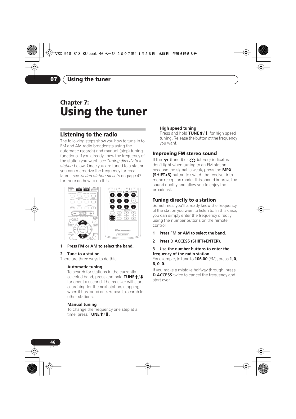 Listening to the radio, Improving fm stereo sound, Tuning directly to a station | Using the tuner, Using the tuner 07, Chapter 7 | Pioneer XRB3089-A User Manual | Page 46 / 76