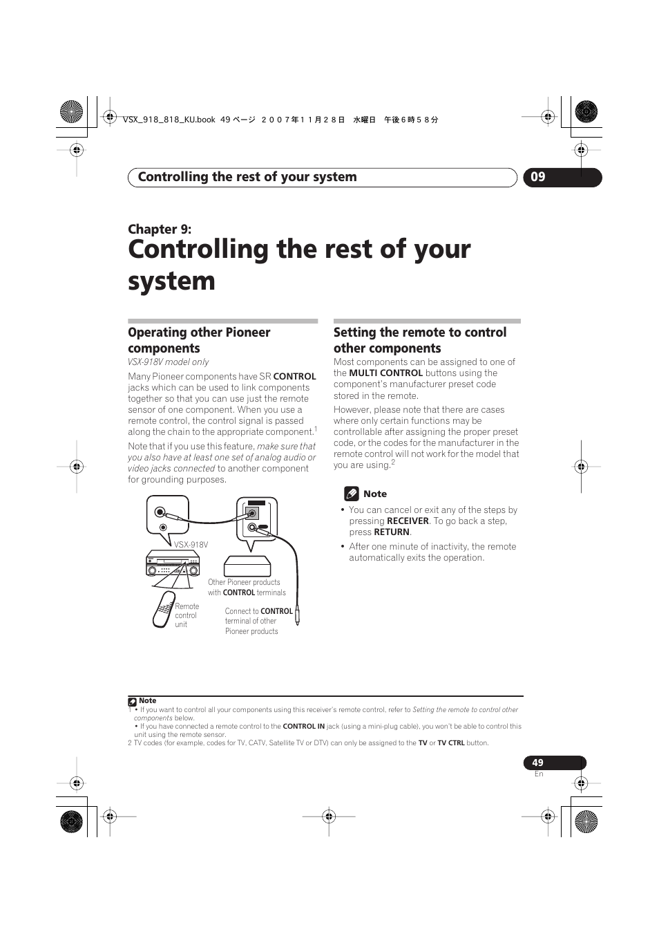 Operating other pioneer components, Setting the remote to control other components, Controlling the rest of your system | Controlling the rest of your system 09, Chapter 9 | Pioneer XRB3089-A User Manual | Page 49 / 76
