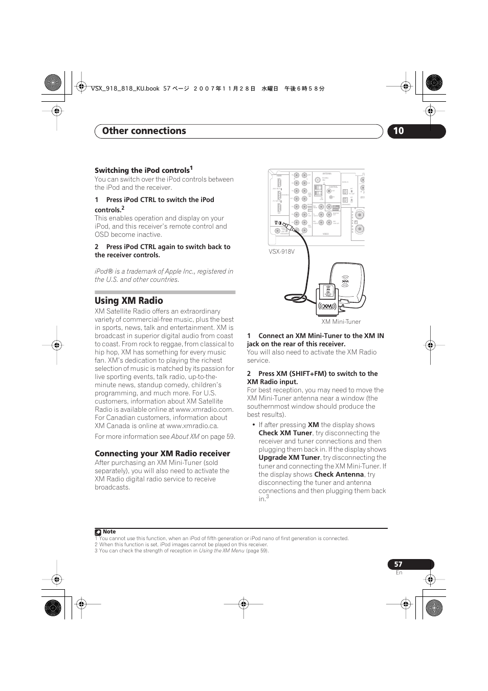 Using xm radio, Connecting your xm radio receiver, Other connections 10 | Switching the ipod controls, 1press, Ipod ctrl, 2press, Again to switch back to the receiver controls, For more information see, About xm | Pioneer XRB3089-A User Manual | Page 57 / 76