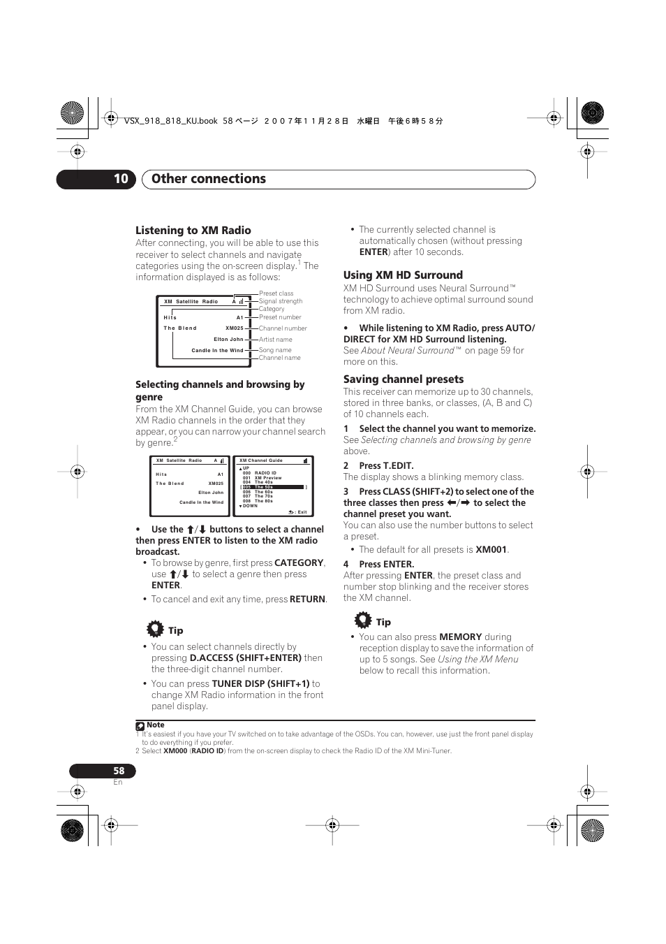 Listening to xm radio, Using xm hd surround, Saving channel presets | Other connections 10 | Pioneer XRB3089-A User Manual | Page 58 / 76