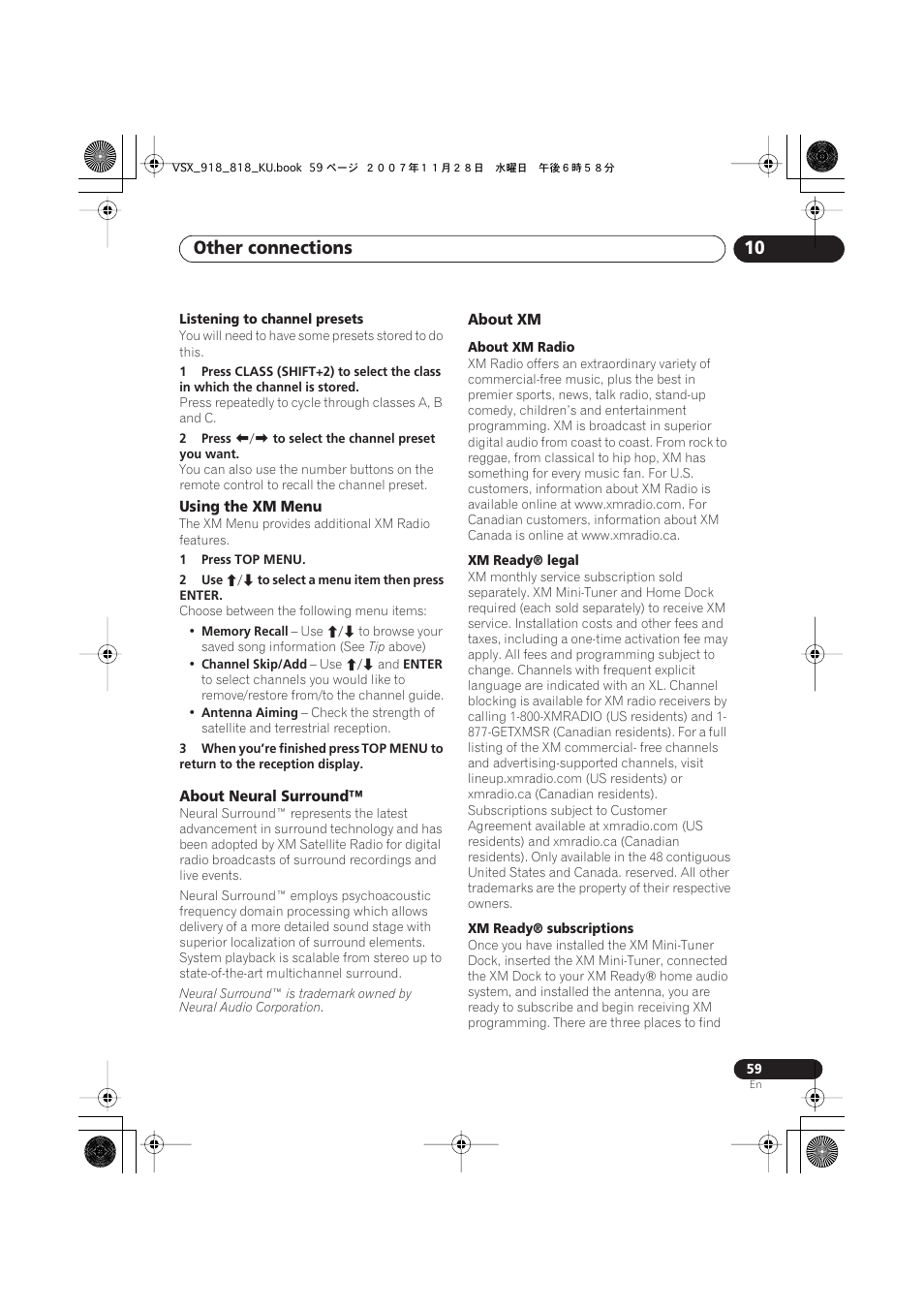 Using the xm menu, About neural surround, About xm | Other connections 10 | Pioneer XRB3089-A User Manual | Page 59 / 76